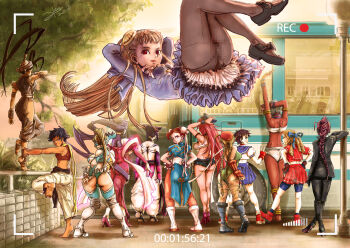6+girls absurdres ass baggy_pants balancing bandana barefoot beret bikini black_hair blonde_hair blue_sailor_collar bodystocking boots bracelet braid braided_ponytail brown_hair bun_cover bus bus_stop cammy_white capcom capcom_fighting_jam censored choker chun-li clothes_around_waist clothing_cutout crimson_viper dark-skinned_female dark_skin double_bun dougi dress drill_hair elena_(street_fighter) final_fight fingerless_gloves floating gloves hair_bun hairpods halterneck han_juri hands_on_own_hips hat headband height_difference high_heels high_ponytail highres hip_vent ibuki_(street_fighter) ingrid_(capcom) jewelry kanzuki_karin kasugano_sakura knee_boots leotard long_hair looking_at_viewer makoto_(street_fighter) mary_janes mosaic_censoring motor_vehicle multiple_girls ninja off-shoulder_dress off_shoulder on_railing outdoors panties panties_under_pantyhose pants pantyhose peaked_cap pelvic_curtain pink_hair poison_(final_fight) ponytail purple_hair queue railing rainbow_mika recording red_eyes ribbon_choker rose_(street_fighter) sailor_collar school_uniform serafuku shoes short_hair short_shorts shorts shorts_under_skirt single_braid sithsensui soles spiked_bracelet spikes sports_bra standing standing_on_one_leg street_fighter street_fighter_iv_(series) stretching swimsuit thong_leotard toeless_legwear twin_braids twin_drills underwear v vehicle very_long_hair viewfinder waiting
