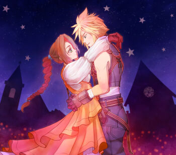1boy 1girl aerith_gainsborough aerith_gainsborough_(garnet's_gown) arms_around_neck arms_around_waist bandaged_wrist bandages bare_shoulders belt black_gloves black_pants black_vest black_wrist_cuffs blonde_hair blue_eyes braid braided_ponytail brown_belt brown_hair cloud_strife cloud_strife_(zidane's_outfit) cosplay couple cowboy_shot cropped_vest dress final_fantasy final_fantasy_vii final_fantasy_vii:_ever_crisis garnet_til_alexandros_xvii garnet_til_alexandros_xvii_(cosplay) gloves green_eyes hair_ornament hairclip hetero juliet_sleeves light_blush long_hair long_sleeves night orange_dress own_hands_clasped own_hands_together pants parted_bangs parted_lips petticoat puffy_sleeves red_gloves shirt short_hair single_braid smile spiked_hair vest white_shirt wrist_cuffs yahokichi_ma zidane_tribal zidane_tribal_(cosplay)