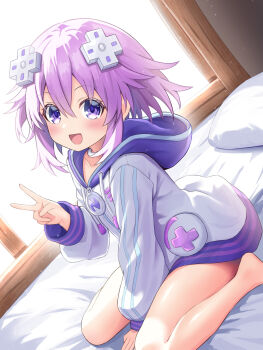 1girl :d barefoot between_legs choker commentary_request d-pad d-pad_hair_ornament drawstring eima hair_between_eyes hair_ornament hand_between_legs hand_up highres hood hood_down hoodie indoors light_particles long_sleeves looking_at_viewer neptune_(neptunia) neptune_(series) on_bed open_mouth pillow purple_eyes purple_hair short_hair sidelocks sitting smile solo v wariza white_hoodie