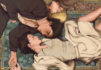 1girl 2boys absurdres armin_arlert artist_name black_hair black_jacket black_pants blonde_hair blustock breasts brown_coat brown_hair closed_eyes coat collared_shirt couple eren_yeager facial_scar feet_out_of_frame half-closed_eyes hetero highres holding_hands jacket looking_at_another medium_breasts multiple_boys pants parted_bangs rug scar scar_on_cheek scar_on_face shingeki_no_kyojin shirt short_hair skirt suit_jacket white_jacket white_shirt white_skirt