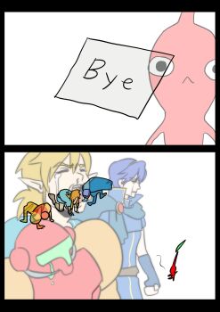 1girl 2koma 3boys all_fours armor bent_over clenched_hand closed_eyes comic crying english_text fingerless_gloves fire_emblem gloves highres letter link long_hair low_ponytail marth_(fire_emblem) multiple_boys nintendo open_mouth pikmin_(creature) pikmin_(series) ponytail samus_aran short_hair super_smash_bros. teeth the_legend_of_zelda the_legend_of_zelda:_breath_of_the_wild tongue