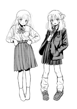 1girl blunt_bangs bow bowtie buttons closed_mouth collared_jacket collared_shirt dot_nose dress_shirt eyelashes frown full_body greyscale hair_between_eyes hair_ornament hands_in_pockets high-waist_skirt highres inushima_(k_z_i_t_) jacket kneehighs knees lapels light_blush long_hair long_sleeves looking_at_viewer miniskirt monochrome notched_lapels one_side_up open_clothes open_jacket open_mouth original pleated_skirt putting_on_cloak school_uniform sequential shirt shoes simple_background skirt socks standing star_(symbol) star_hair_ornament uwabaki white_background