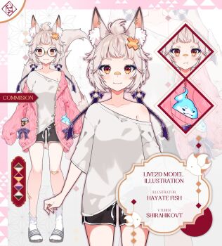 1girl animal_ears bags_under_eyes bandaid bandaid_on_face bandaid_on_nose black_shorts blonde_hair bow breasts can cross_hair_ornament drink_can eyeshadow fox_ears fox_girl fox_tail glasses hair_ornament hayate_fish highres hitodama indie_virtual_youtuber makeup messy_hair official_art orange_eyes pout purple_bow purple_eyeshadow purple_sweater reference_sheet round_eyewear sandals shirahiko_(vtuber) shirt short_eyebrows short_hair shorts single_bare_shoulder small_breasts smile socks sweater tail virtual_youtuber white_shirt white_socks