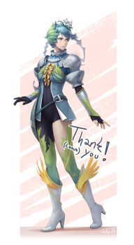 1girl ahoge aqua_eyes aqua_hair armor armored_boots artist_name black_bodysuit blue_jacket bodysuit boots buttons closed_mouth commentary commission dated english_commentary english_text expressionless fire_emblem flower full_body gold_trim gorget green_trim hair_between_eyes hair_flower hair_ornament high_heel_boots high_heels highres jacket kazuko_(towa) leaf lily_(flower) looking_to_the_side multicolored_boots nintendo orange_boots pauldrons ribbon short_hair shoulder_armor signature solo standing swept_bangs tokyo_mirage_sessions_fe vambraces white_background white_boots white_trim winged_footwear wings yellow_ribbon yumizuru_eleanora