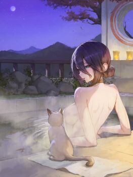 1girl bare_back black_hair cat chainsaw_man commentary_request full_moon green_eyes hair_between_eyes hair_bun moon naked_towel nude onsen reze_(chainsaw_man) sib_(9obsl) solo sweatdrop tongue tongue_out towel water