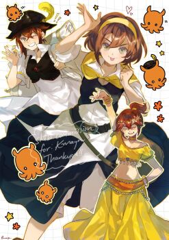 ! !! 1girl :p arm_up aubz backpack bag black_hat bracelet brown_hair closed_eyes commentary commission commissioner_name crop_top dancer english_commentary feathers green_eyes grid_background hairband hat heart highres jewelry looking_at_viewer multiple_views navel octopath_traveler octopath_traveler_i octopuff_traveler_(octopath_traveler) official_alternate_costume one_eye_closed outline signature skeb_commission smile standing star_(symbol) teeth thank_you tongue tongue_out tressa_colzione watermark waving white_background yellow_feathers yellow_hairband yellow_outline