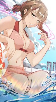 1girl absurdres androssi_zahard artist_name ball bare_shoulders beachball bikini blue_sky bluesky_logo blush breasts brown_hair cleavage cloud colored_eyelashes day floating hair_ornament hairclip highres horns instagram_logo knowname looking_at_viewer orb original parted_lips pixiv_logo ponytail pool pool_ladder poolside short_hair short_ponytail single_horn sky smile solo swimsuit thighs tower_of_god twitter_logo water yellow_eyes