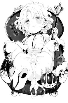 1girl :3 aftersex amputee anus crown cum cum_in_ass cum_in_pussy female_focus flat_chest greyscale unworn_headwear highres kereno loli messy_hair monochrome nipples nude pussy scepter short_hair smile solo throne uncensored