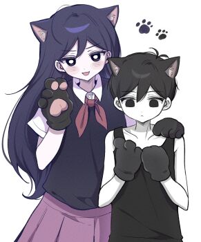 1boy 1girl :< :3 animal_ears animal_hands antenna_hair black_eyes black_hair black_sweater_vest black_tank_top blush cat_boy cat_ears cat_girl cat_paws closed_mouth collared_shirt colored_skin commentary_request double-parted_bangs hair_between_eyes hand_on_another's_shoulder highres kemonomimi_mode korean_commentary long_hair looking_at_viewer mari_(headspace)_(omori) mari_(omori) neckerchief omori omori_(omori) open_mouth pleated_skirt purple_eyes purple_hair red_neckerchief red_skirt shirt short_hair short_sleeves skirt smile sweater_vest tank_top white_shirt white_skin wktdms1