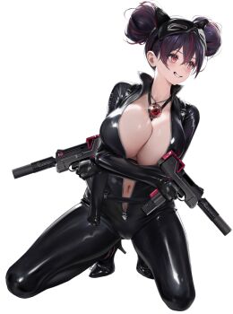 1girl arms_under_breasts artist_request black_bodysuit black_hair bodysuit breasts breasts_squeezed_together cleavage crossed_arms curvy double_bun dual_wielding eye_mask finger_on_trigger gem gloves goddess_of_victory:_nikke grin gun hair_bun high_collar high_heels highres holding holding_gun holding_weapon jewelry large_breasts latex latex_bodysuit latex_gloves looking_to_the_side machine_gun mask multicolored_hair navel necklace official_art open_bodysuit open_clothes quency_(escape_queen)_(nikke) quency_(nikke) red_eyes red_gemstone shiny_clothes shiny_skin smile solo squatting strap streaked_hair submachine_gun suppressor transparent_background unzipped weapon wide_hips zipper zipper_pull_tab