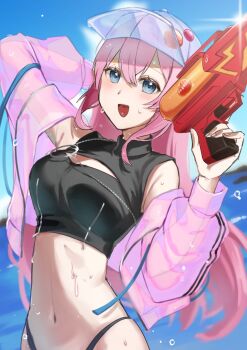 1girl arm_behind_head arm_up bare_shoulders bikini bikini_bottom_only black_bikini blue_eyes blue_sky blurry blurry_background blush breasts cleavage_cutout clothing_cutout cloud cloudy_sky crop_top edama_metabeyo glint highleg highleg_bikini highres holding holding_water_gun jacket long_hair looking_at_viewer medium_breasts megurine_luka navel ocean open_clothes open_jacket open_mouth pink_hair pink_jacket sky solo stomach sweat swimsuit turtleneck upper_body visor_cap vocaloid water_gun wet