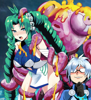 1boy 1girl antenna_hair aqua_eyes black_gloves blue_hair blue_leotard blue_shirt blush boots coco_apollon commentary_request detached_sleeves drill_hair duel_masters duel_masters_play's embarrassed emperor_kiriko_(duel_masters) flower glasses gloves green_hair hair_flower hair_ornament kiriko_(duel_masters) kite_(duel_masters) leotard long_hair monster open_mouth restrained shirt short_hair smile sweatdrop tentacles twin_drills very_long_hair white_boots