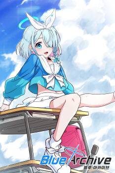 1girl absurdres aqua_halo arona_(blue_archive) blue_archive blue_eyes blue_hair blue_shirt blue_sky book bow bow_hairband braid cloud cloudy_sky commentary crop_top cropped_shirt day desk eyes_visible_through_hair foot_out_of_frame hair_over_one_eye hairband halo highres leg_up linpa93 long_bangs long_sleeves looking_at_viewer midriff miniskirt navel on_desk open_mouth outdoors parted_bangs pile_of_books sailor_collar school_desk shirt side_braid sitting skirt sky smile solo symbol-only_commentary white_bow white_hairband white_sailor_collar white_skirt