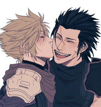 2boys armor black_hair blonde_hair blush cloud_strife crisis_core_final_fantasy_vii cross_scar earrings facial_scar final_fantasy final_fantasy_vii hair_between_eyes hair_slicked_back highres ht8207 jewelry kiss kissing_cheek laughing male_focus medium_hair multiple_boys open_mouth scar scar_on_cheek scar_on_face scard shinra_infantry_uniform short_hair shoulder_armor sideburns single_earring sleeveless sleeveless_turtleneck smile spiked_hair suspenders sweatdrop turtleneck upper_body white_background yaoi zack_fair