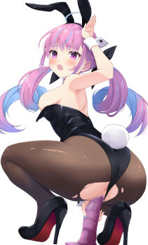 1girl ahoge alternate_costume animal_ear_hairband animal_ears aqua_nails arm_up ass bare_shoulders black_leotard blue_hair blunt_bangs blush braid breasts censored clothing_aside colored_inner_hair colored_shoe_soles commentary_request detached_collar dildo dildo_riding drill_hair fake_animal_ears fake_tail fanged_bangs fishnet_pantyhose fishnets full_body furrowed_brow hairband high_heels highleg highleg_leotard highres holding holding_sex_toy hololive kurono_yuzuko legs leotard leotard_aside long_hair looking_at_viewer looking_back medium_breasts minato_aqua mosaic_censoring multicolored_hair nipples open_mouth pantyhose playboy_bunny pumps purple_eyes purple_hair pussy pussy_juice rabbit_ear_hairband rabbit_ears rabbit_tail sex_toy shoe_soles sideboob simple_background solo spread_legs squatting stiletto_heels strapless strapless_leotard streaked_hair tail torn_clothes torn_pantyhose twintails two-tone_hair virtual_youtuber white_background wrist_cuffs