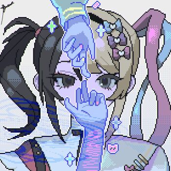 1girl ame-chan_(needy_girl_overdose) black_eyes black_hair blue_eyes blue_hair blue_serafuku blunt_bangs bow cat chouzetsusaikawa_tenshi-chan covering_own_mouth doodle_inset dual_persona hair_bow heterochromia highres index_fingers_raised looking_at_viewer multicolored_nails multiple_hair_bows multiple_scars neck_ribbon needy_girl_overdose outstretched_arm pill pink_hair pixel_art reaching reaching_towards_another ribbon scar scar_on_arm school_uniform self-harm_scar serafuku sidelocks sparkle split_screen suspenders tri_tails uzume_(uzm0) white_background winged_sleeves wrist_cutting