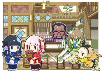 04sora40 beard black_hair bonsai border bow_hairband brown_hair connected_beard drinking food hairband inoue_takina jitome kurumi_(lycoris_recoil) long_hair lycoris_recoil mika_(lycoris_recoil) nakahara_mizuki nishikigi_chisato pink_hair pocky semi-rimless_eyewear solid_oval_eyes stool sweatdrop tripping white_border x_mouth