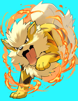 Rule 34 | absurdres, alternate color, arcanine, attack, blue background, charging forward, commentary request, fangs, fire, gen 1 pokemon, highres, kinoshita jiroh, komainu ears, komainu tail, looking at viewer, mane, multicolored fur, nintendo, open mouth, orange eyes, orange fur, pokemon, pokemon (creature), shiny pokemon, striped fur, white fur