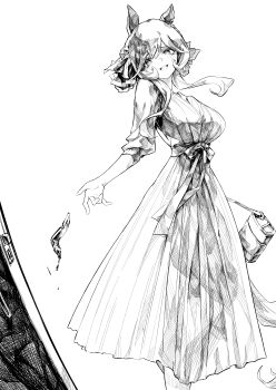 1girl absurdres alternate_costume animal_ears bag blush braid commentary_request crushed door dress feet_out_of_frame gentildonna_(umamusume) glowing glowing_eyes greyscale hasukurira head_tilt highres horse_ears horse_girl horse_tail long_hair looking_at_viewer monochrome open_door open_mouth smile solo standing tail umamusume yandere