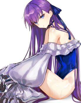 Rule 34 | 1girl, bare shoulders, blue choker, blue eyes, blue one-piece swimsuit, blue ribbon, choker, fate/grand order, fate (series), frilled one-piece swimsuit, frills, from side, highleg, highleg one-piece swimsuit, highres, long hair, long sleeves, looking at viewer, meltryllis, meltryllis (fate), meltryllis (swimsuit lancer) (fate), meltryllis (swimsuit lancer) (second ascension) (fate), off-shoulder one-piece swimsuit, off shoulder, on ground, one-piece swimsuit, open mouth, prosthesis, prosthetic leg, puffy sleeves, purple hair, ribbon, sakura five, sitting, sleeves past fingers, sleeves past wrists, solo, strapless, strapless one-piece swimsuit, swimsuit, thighs, very long hair, water drop, wet, yotsutsu428