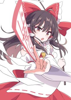 1girl ascot bare_shoulders blush bow brown_eyes brown_hair detached_sleeves frilled_bow frilled_hair_tubes frills gohei hair_bow hair_tubes hakurei_reimu haruki_reimari holding long_hair looking_at_viewer nontraditional_miko ofuda open_mouth red_bow ribbon-trimmed_sleeves ribbon_trim sidelocks simple_background solo touhou upper_body white_background white_sleeves wide_sleeves yellow_ascot