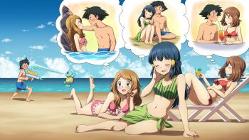 1boy 3girls ash_ketchum bare_arms barefoot beach bikini blood blue_eyes blue_hair blue_male_swimwear blue_swim_trunks blush breasts brown_hair cleavage closed_eyes closed_mouth cloud commentary commission cup dawn_(pokemon) day gen_1_pokemon green_sarong hair_ornament hairclip highres holding holding_cup imagining kabedon liquid long_hair lying male_swimwear may_(pokemon) multiple_girls navel nintendo nosebleed official_alternate_costume on_back on_stomach open_mouth outdoors pixiv_commission pokemon pokemon_(anime) pokemon_(creature) pokemon_bw087 pokemon_dppt_(anime) pokemon_ranger_and_the_temple_of_the_sea pokemon_rse_(anime) pokemon_xy029 pokemon_xy_(anime) sand sarong serena_(pokemon) sky smile speech_bubble squirtle suitenan swim_trunks swimsuit thought_bubble toes tongue topless_male water water_gun