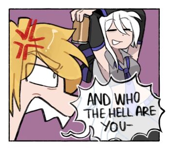 2girls akita_neru anger_vein armpits arms_up beer_can blonde_hair can closed_eyes drink_can midriff mitsuko_tan multiple_girls necktie open_mouth purple_necktie sharp_teeth shouting side_ponytail speech_bubble tagme teeth vocaloid white_hair yowane_haku