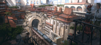 Rule 34 | 1boy, 2girls, arcade (architecture), architecture, building, city, colonnade, commentary request, fantasy, highres, house, impossible architecture, landscape, multiple girls, noba, original, plant, railing, railroad tracks, scenery, train, tree