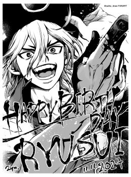 1boy antique_firearm dated dr._stone firearm gloves greyscale gun hair_between_eyes handgun happy_birthday hat highres holding holding_gun holding_weapon looking_at_viewer male_focus monochrome nanami_ryuusui open_mouth pirate pirate_hat smile solo weapon zatta_draw