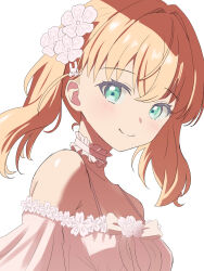 Rule 34 | 1girl, aqua eyes, bare shoulders, blush, choker, closed mouth, collarbone, commentary request, dress, flower, frilled choker, frills, hair flower, hair ornament, highres, hinoshita kaho, link! like! love live!, looking at viewer, love live!, masaki (masakinariya), medium hair, orange hair, pink choker, pink dress, shade, smile, solo, twintails, upper body, virtual youtuber, white background