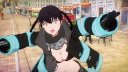 1girl 3d accident animated audible_speech bikini black_bikini black_hair breasts cleavage cloud crossover en&#039;en_no_shouboutai highres japanese_audio kage_no_jitsuryokusha_ni_naritakute! large_breasts navel no_bra official_art outdoors pov sky solo sound swimsuit tamaki_kotatsu tripping twintails video wardrobe_malfunction