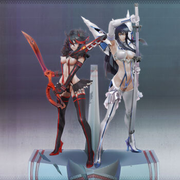 2girls 3d absurdres adapted_costume armor armpits black_hair blue_eyes boots breasts cameltoe cleavage covered_erect_nipples high_heel_boots high_heels highres katana kill_la_kill kiryuuin_satsuki large_breasts leslyzerosix long_hair looking_at_viewer matoi_ryuuko multiple_girls pauldrons red_hair sheath shoulder_armor sword thigh_boots thighhighs unsheathing weapon