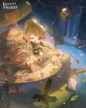 Rule 34 | 1girl, absurdres, animal, artist request, belt, belt buckle, bird, black belt, black gloves, black scarf, black shorts, black socks, boots, bracelet, braid, brown eyes, brown hair, buckle, building, cat, chibi, clothed animal, dot nose, elbow gloves, eyelashes, fingerless gloves, gameplay mechanics, gloves, green boots, green hairband, green tunic, hairband, happy, high ponytail, highres, infinity nikki, jewelry, knee up, kneehighs, leaf, light particles, long hair, looking at viewer, momo (nikki), mushroom, night, nikki (series), official art, one eye closed, open mouth, ponytail, river, scarf, second-party source, shadow swiftweave (infinity nikki), shorts, shroomling (infinity nikki), side braid, single braid, smile, socks, sparkle, tareme, thigh belt, thigh strap, tunic, v, water, waterfall, wavy hair, white cat