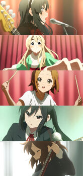 Rule 34 | 46 crt, 5girls, :o, absurdres, akiyama mio, bass guitar, black eyes, black hair, black jacket, blazer, blonde hair, blue eyes, blush, bow, bowtie, brown eyes, brown hair, closed eyes, closed mouth, collared shirt, commentary request, curtains, drumsticks, electric guitar, from side, fur-trimmed kimono, fur trim, green kimono, guitar, happy, highres, hirasawa yui, ho-kago tea time, holding, holding bass guitar, holding drumsticks, holding guitar, holding instrument, incredibly absurdres, instrument, jacket, japanese clothes, k-on!, kimono, kotobuki tsumugi, long hair, long sleeves, microphone, multiple girls, music, nakano azusa, neck ribbon, open mouth, parted lips, red bow, red bowtie, red ribbon, ribbon, sakuragaoka high school uniform, school uniform, shirt, short hair, short sleeves, singing, smile, stage curtains, sweat, t-shirt, tainaka ritsu, thick eyebrows, twintails, white shirt, winter uniform