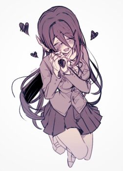 Rule 34 | 1girl, blazer, blush, closed eyes, collared shirt, doki doki literature club, doki doki literature club school uniform, full body, grin, hair between eyes, hashtag-only commentary, heart, highres, holding, holding knife, jacket, knee up, knife, long hair, muted color, neck ribbon, onyang, open mouth, purple hair, ribbon, school uniform, shirt, sidelocks, skirt, smile, solo, vest, yuri (doki doki literature club)