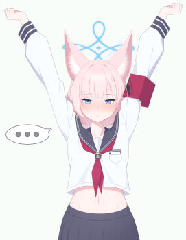 ... 1girl animal_ear_fluff animal_ears armband arms_up black_sailor_collar black_skirt blue_archive blue_eyes blue_halo blunt_bangs blush clenched_hands closed_mouth commentary cowboy_shot embarrassed english_commentary eyelashes fox_ears fox_girl frown furrowed_brow halo highres long_sleeves looking_at_viewer madoka_(user_zrnk8278) medium_hair midriff navel neckerchief niko_(blue_archive) nose_blush pink_hair pleated_skirt red_armband red_neckerchief sailor_collar school_uniform serafuku shirt simple_background skirt solo speech_bubble split_mouth spoken_ellipsis straight-on stretching tsurime twitter_username watermark white_background white_shirt
