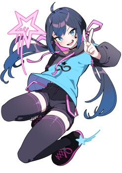 1girl absurdres ahoge blue_eyes hanten_(hantennano) highres indie_virtual_youtuber long_hair mugen_mochi shoes shorts solo thighhighs v virtual_youtuber