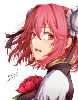 1girl absurdres artist_name bun_cover commentary_request double_bun flower flower_on_chest from_side hair_between_eyes hair_bun highres ibaraki_kasen nuru_himmel open_mouth pink_flower pink_rose portrait red_eyes red_flower rose shirt short_hair simple_background smile solo touhou white_background white_shirt