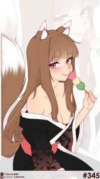 1girl absurdres animal_ear_fluff animal_ears bare_shoulders black_kimono blunt_bangs blush breasts brown_hair cleavage closed_mouth collarbone commentary english_commentary floral_print floral_print_kimono food highres holding holding_food holo japanese_clothes kimono likunea long_hair looking_at_viewer medium_breasts print_kimono red_eyes sidelocks spice_and_wolf tail twitter_username twitter_x_logo white_background wolf_ears wolf_girl wolf_tail zoom_layer