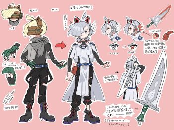 aria_pkmn belt blonde_hair cape gen_7_pokemon gladion_(pokemon) green_eyes grey_eyes grey_hair hair_over_one_eye headband highres holding holding_sword holding_weapon legendary_pokemon long_sleeves mask nintendo pants pokemon pokemon_sm precure red_eyes shirt short_hair silvally sword type:_null unofficial_precure_costume weapon