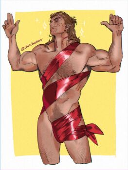Rule 34 | 1boy, abs, baldur's gate, baldur's gate 3, bara, brown hair, chuchurrrrr, covered penis, cropped legs, dungeons & dragons, elf, halsin, highres, large pectorals, male focus, mature male, medium hair, meme, muscular, muscular male, naked ribbon, navel, navel hair, nipples, nude guy wrapped in ribbons standing (meme), pectorals, pointy ears, ribbon, solo, standing, stomach, thick eyebrows