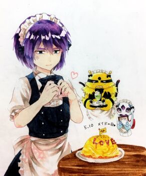 1boy alternate_costume anger_vein angry apron back_bow black_bow bow buttons closed_mouth commentary_request cowboy_shot crossdressing crossdressing_(mtf) double-breasted electivire enmaided flag food food_request frilled_sleeves frills froslass gen_4_pokemon grey_eyes hair_between_eyes hands_up heart heart_hands highres holding holding_menu holding_plate ketchup looking_at_viewer maid maid_day maid_headdress male_focus menu nintendo omelet omurice own_hands_together paul_(pokemon) plate pokemon pokemon_(anime) pokemon_(creature) pokemon_dppt_(anime) puffy_short_sleeves puffy_sleeves purple_hair ruchi_(nxje5533) short_hair short_sleeves sidelocks simple_bat solo standing table tears traditional_media trap waist_apron white_apron white_background white_bow wooden_table