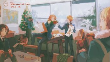 1girl 4boys absurdres anger_vein axis_powers_hetalia black_hair blonde_hair bow brown_hair chair christmas christmas_tree classroom commentary english_commentary finland_(hetalia) france_(hetalia) hair_bow highres jacket lithuania_(hetalia) long_sleeves loudun_ff medium_hair multiple_boys necktie open_mouth pants school_uniform seychelles_(hetalia) shirt short_hair sitting smile table thick_eyebrows twintails united_kingdom_(hetalia) window