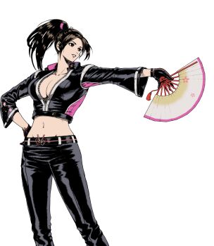 1girl black_gloves black_jacket black_jumpsuit black_pants breast_zipper breasts brown_eyes brown_hair cleavage cropped_jacket fatal_fury fatal_fury:_city_of_the_wolves folded_fan folding_fan gloves hand_fan high_ponytail highres holding holding_fan jacket jumpsuit large_breasts leather leather_pants long_hair navel ninja official_alternate_costume official_art ogura_eisuke pants partially_unzipped ponytail print_jacket revealing_clothes shiranui_mai simple_background snk solo thighs