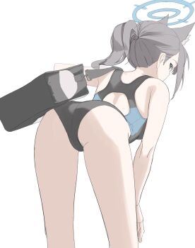 1girl absurdres animal_ear_fluff animal_ears ass bag black_one-piece_swimsuit blue_archive blue_eyes blue_halo blue_one-piece_swimsuit competition_swimsuit feet_out_of_frame from_behind grey_hair halo highres leaning_forward long_hair looking_at_viewer one-piece_swimsuit ponytail scarlet_(wv0102) school_bag shiroko_(blue_archive) shiroko_(swimsuit)_(blue_archive) shoulder_bag sidelocks simple_background solo swimsuit thighs two-tone_one-piece_swimsuit white_background wolf_ears