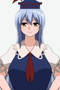 1girl animated animated_gif artist_request blue_hair bouncing_breasts breasts closed_mouth clothes_lift kamishirasawa_keine large_breasts lifting_own_clothes long_hair looking_at_viewer navel no_bra shirt_lift simple_background smile solo source_request touhou white_background yellow_eyes