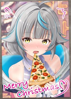 1girl ^^^ ahoge blue_hair blush coat commentary_request duel_masters duel_masters_play's flying_sweatdrops food grey_hair grey_shirt highres holding holding_food holding_pizza koorizatou82 merry_christmas multicolored_hair open_mouth pizza shirt solo sweatdrop teeth upper_body vivi_(duel_masters_play's) yellow_eyes