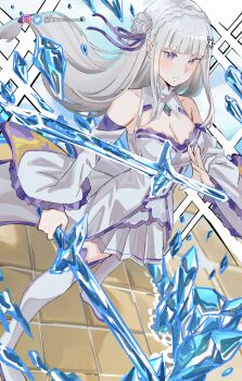 1girl absurdres bare_shoulders belt braid breasts cleavage crown_braid cryokinesis crystal_sword dress dual_wielding elf emilia_(re:zero) flower full_body gem green_gemstone hair_flower hair_ornament hair_ribbon highres holding holding_sword holding_weapon ice knowname long_hair medium_breasts pointy_ears purple_eyes purple_ribbon purple_trim re:zero_kara_hajimeru_isekai_seikatsu ribbon rose solo sword thigh_belt thigh_strap tile_floor tiles weapon white_dress white_flower white_hair white_rose wide_sleeves x_hair_ornament