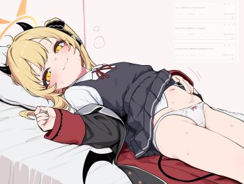 1girl black_horns black_tail black_wings blonde_hair blue_archive blush bow bow_panties closed_mouth clothes_lift cowboy_shot demon_girl demon_wings dress halo highres horns ibuki_(blue_archive) loli looking_at_viewer low_wings lying navel on_back panties pinafore_dress rai_(sakuranbo_sugar) request_inset simple_background sleeveless sleeveless_dress smile solo sweat translation_request underwear white_panties wings yellow_eyes yellow_halo