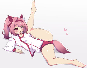 Rule 34 | 1girl, animal ears, bare legs, barefoot, blush, bow, breasts, buruma, commentary request, ear ribbon, flexible, gradient background, grey background, gym shirt, gym uniform, hair intakes, hairband, haru urara (bestest prize) (umamusume), haru urara (umamusume), heart, horse ears, horse girl, horse tail, jacket, kasukeomote, leg up, legs, long hair, open clothes, open jacket, open mouth, pink hair, ponytail, purple eyes, red buruma, red hairband, ribbon, shirt, small breasts, smile, solo, spread legs, tail, toe scrunch, toes, umamusume, white background, white jacket, white ribbon, white shirt